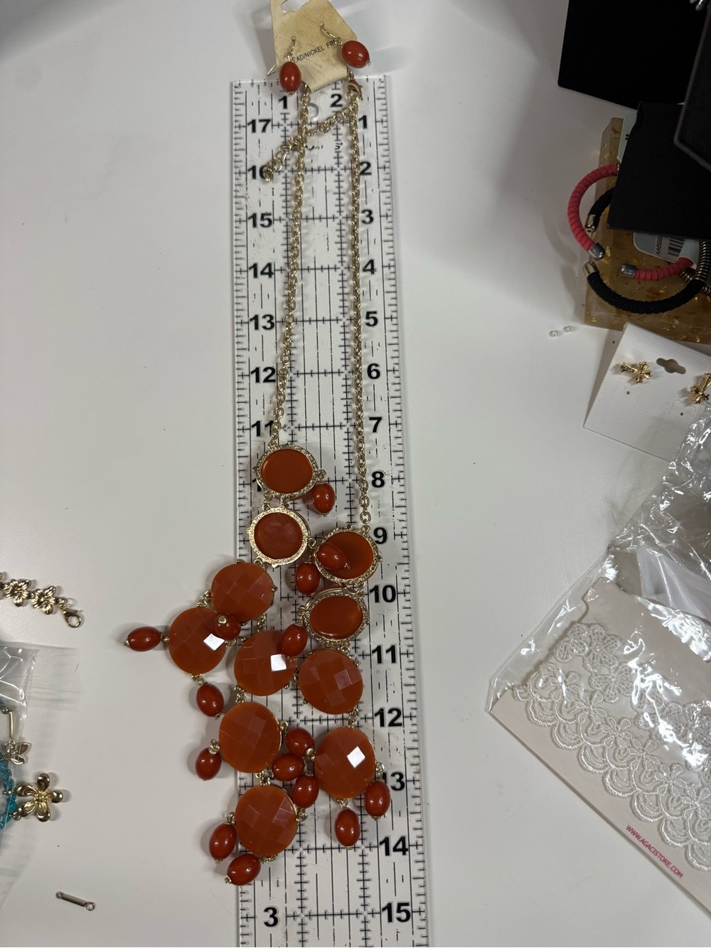 Women's Orange Statement Bib Necklace and Earring Set - Gold color burnt orange - Picture 5 of 6